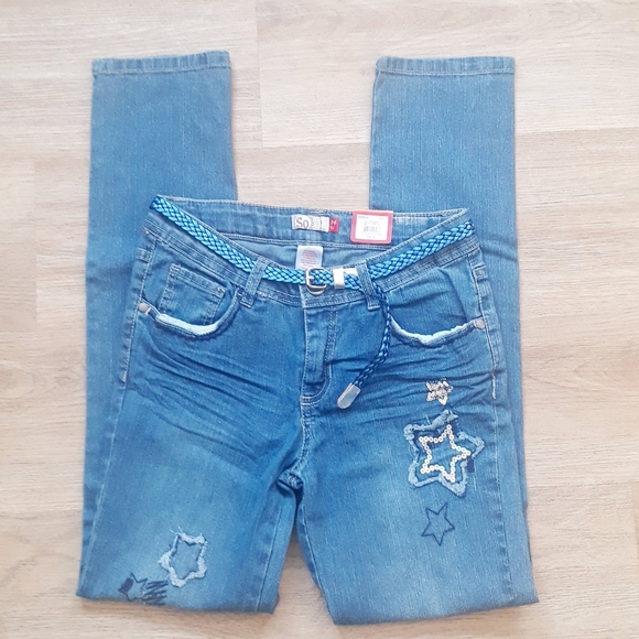 SO Star Patch Skinny Jeans with Braided Belt - Girl's Size 14 Embellished Jeans - Picture 12 of 12